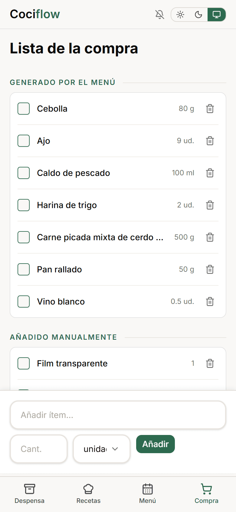 Lista de la compra generándose sola en Cociflow