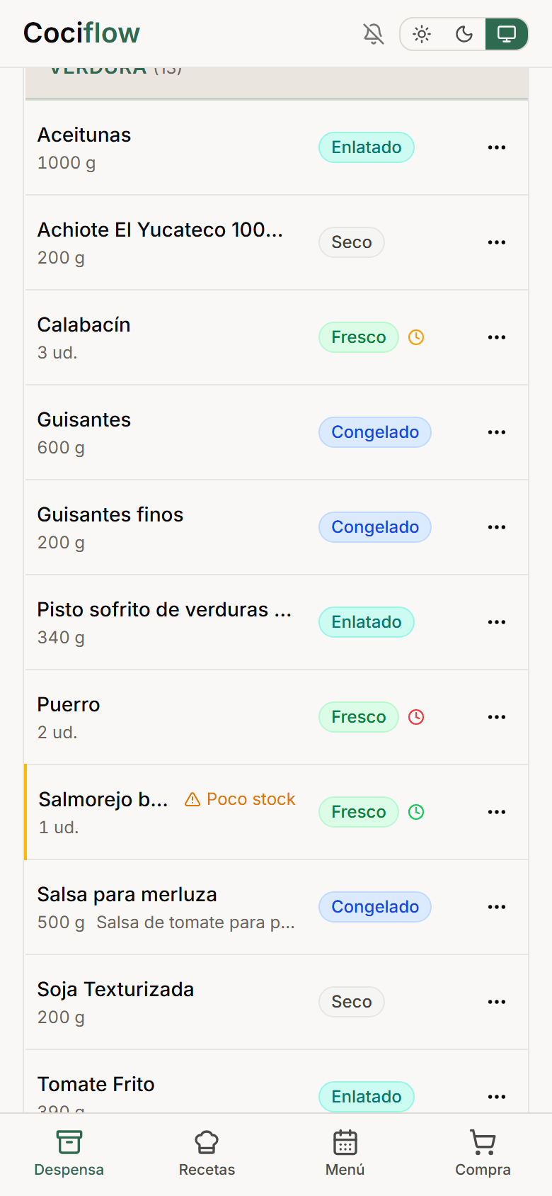 Despensa de Cociflow organizada por categorías